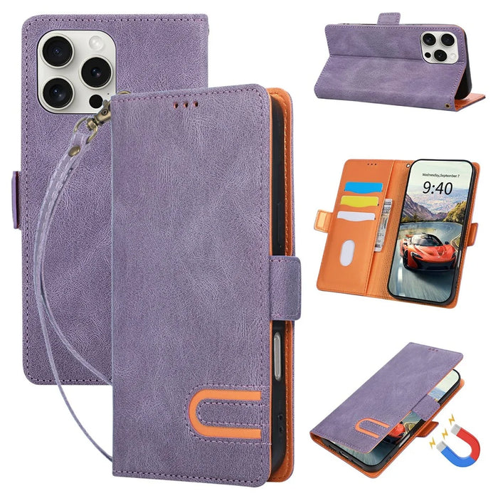 For iPhone 16 Pro Max Case U-Shape Decoration Magnetic Side Clasp Wallet Leather Phone Cover with Wrist Strap - Purple - 1