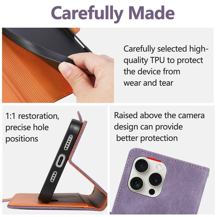 For iPhone 16 Pro Max Case U-Shape Decoration Magnetic Side Clasp Wallet Leather Phone Cover with Wrist Strap - Purple - 6