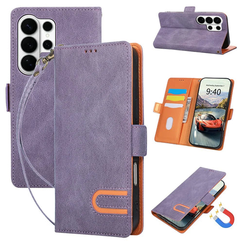 For Samsung Galaxy S25 Ultra Case U-Shape Decoration Magnetic Side Clasp Wallet Leather Phone Cover with Wrist Strap - Purple - 1