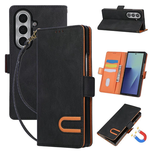 For Samsung Galaxy Z Fold8 Ultra Case U-Shape Decoration Magnetic Side Clasp Wallet Leather Phone Cover with Wrist Strap - Black - 1