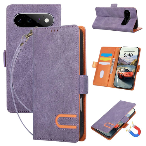 For Google Pixel 11 Pro XL Case U-Shape Decoration Magnetic Side Clasp Wallet Leather Phone Cover with Wrist Strap - Purple - 1