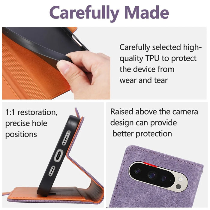 For Google Pixel 10 Pro XL Case U-Shape Decoration Magnetic Side Clasp Wallet Leather Phone Cover with Wrist Strap - Purple - 7