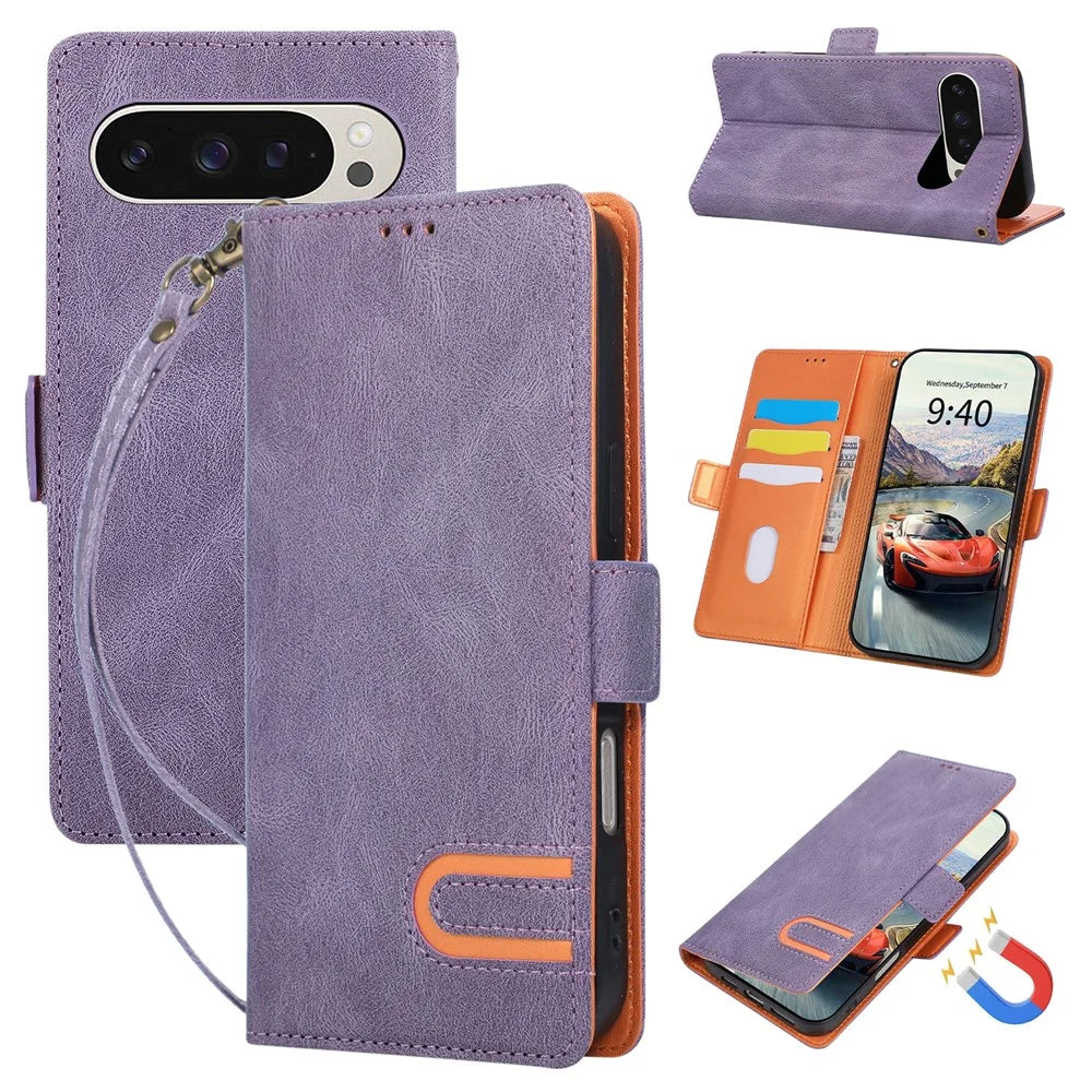 For Google Pixel 10 Pro  /  Pixel 10 Case U-Shape Decoration Magnetic Side Clasp Wallet Leather Phone Cover with Wrist Strap - Purple - 1