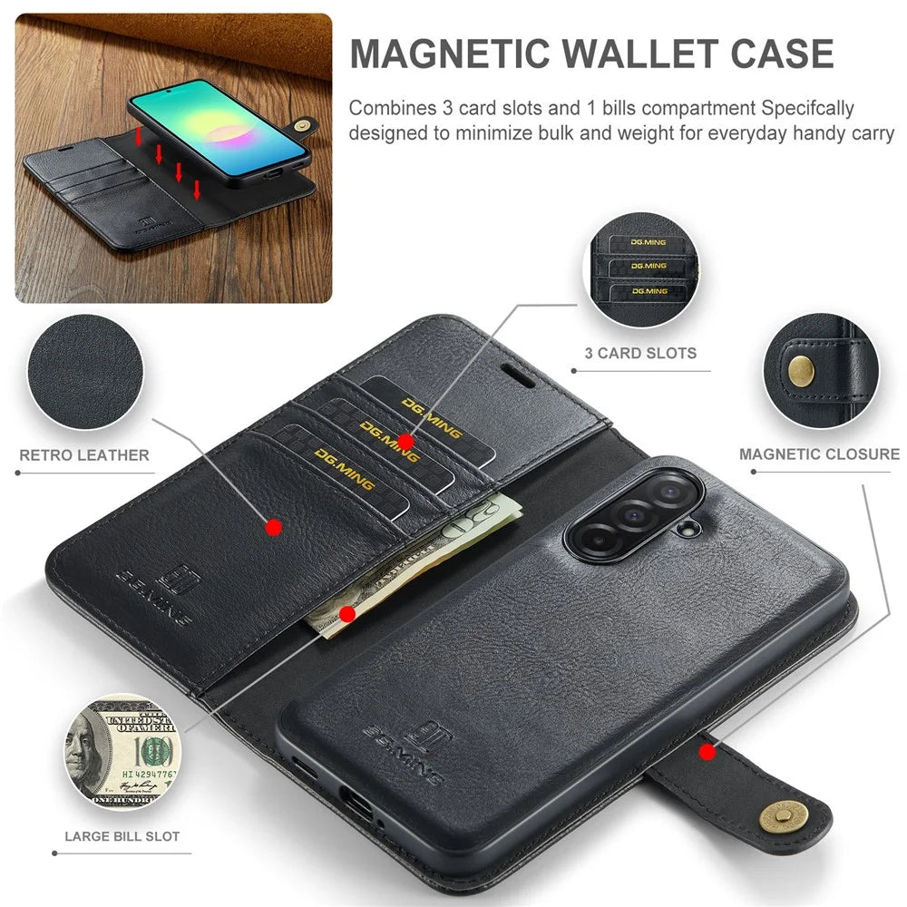 DG.MING for Samsung Galaxy A27 5G Leather Wallet Case Detachable 2 in 1 Split Leather Phone Cover - Black - 5