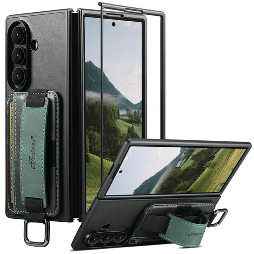SUTENI H13 For Samsung Galaxy Z Fold8 Ultra Case Card Holder Wristband Waxy Texture Leather + TPU + PC Cover - Black - 1