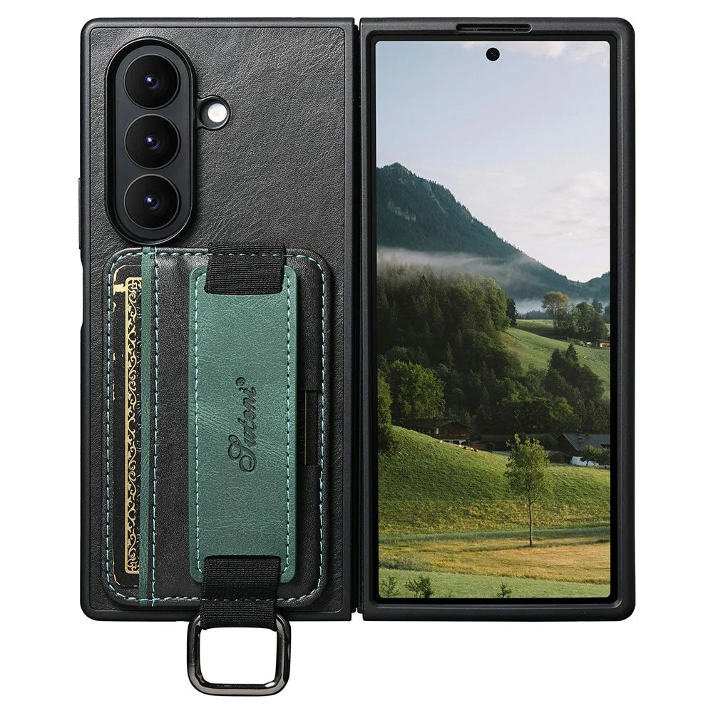 SUTENI H13 For Samsung Galaxy Z Fold8 Ultra Case Card Holder Wristband Waxy Texture Leather + TPU + PC Cover - Black - 2