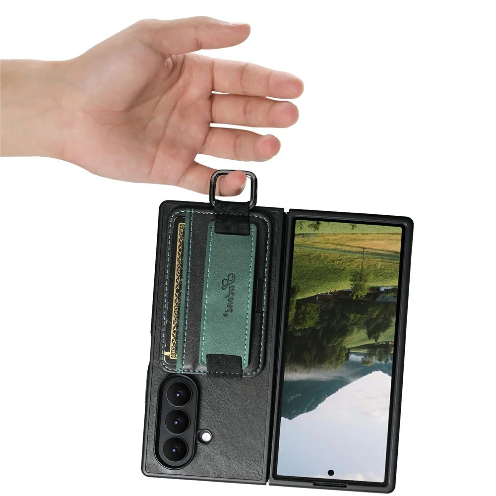 SUTENI H13 For Samsung Galaxy Z Fold8 Ultra Case Card Holder Wristband Waxy Texture Leather + TPU + PC Cover - Black - 5