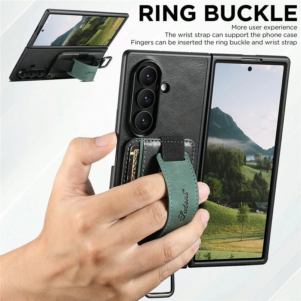 SUTENI H13 For Samsung Galaxy Z Fold8 Ultra Case Card Holder Wristband Waxy Texture Leather + TPU + PC Cover - Black - 6