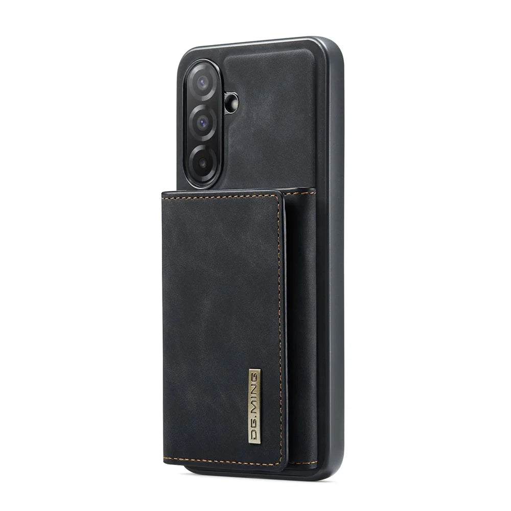 DG.MING M1 Series for Samsung Galaxy A27 5G Phone Case PU + TPU + PC Back Cover with Magnetic Tri-Fold Wallet Kickstand - Black - 5