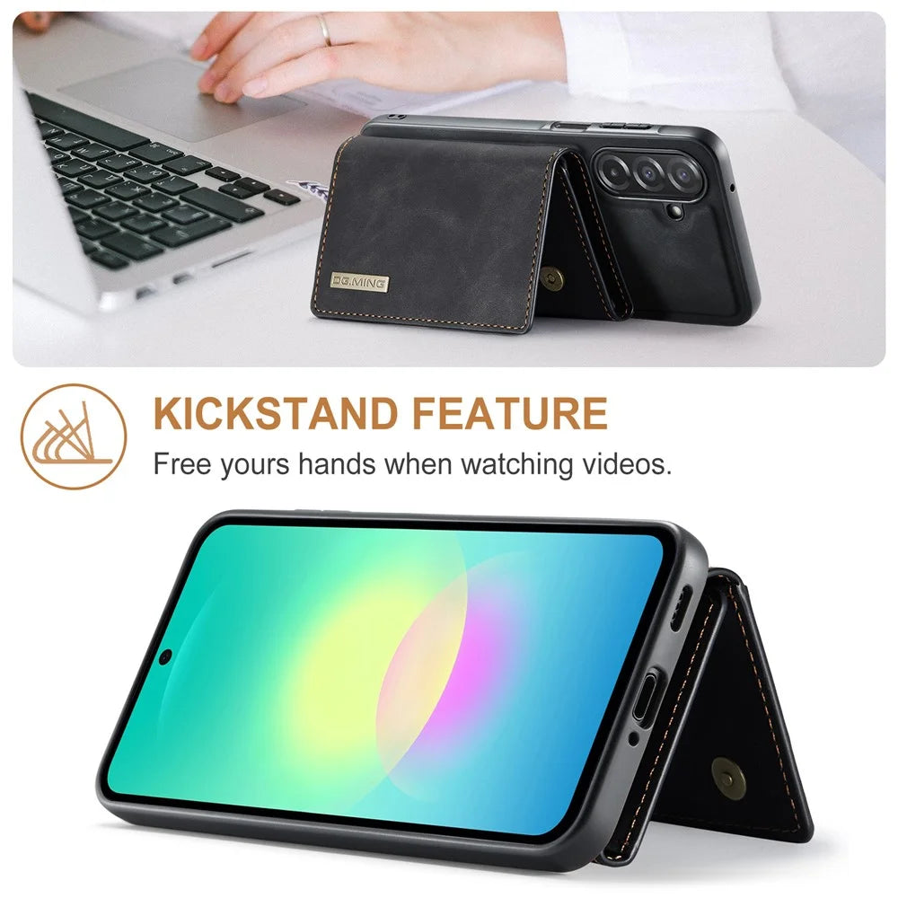DG.MING M1 Series for Samsung Galaxy A27 5G Phone Case PU + TPU + PC Back Cover with Magnetic Tri-Fold Wallet Kickstand - Black - 6