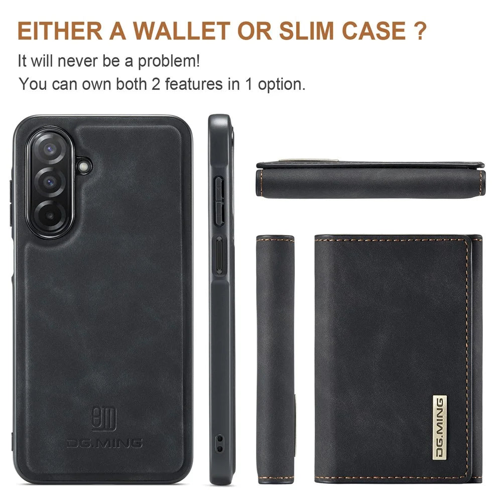 DG.MING M1 Series for Samsung Galaxy A27 5G Phone Case PU + TPU + PC Back Cover with Magnetic Tri-Fold Wallet Kickstand - Black - 7