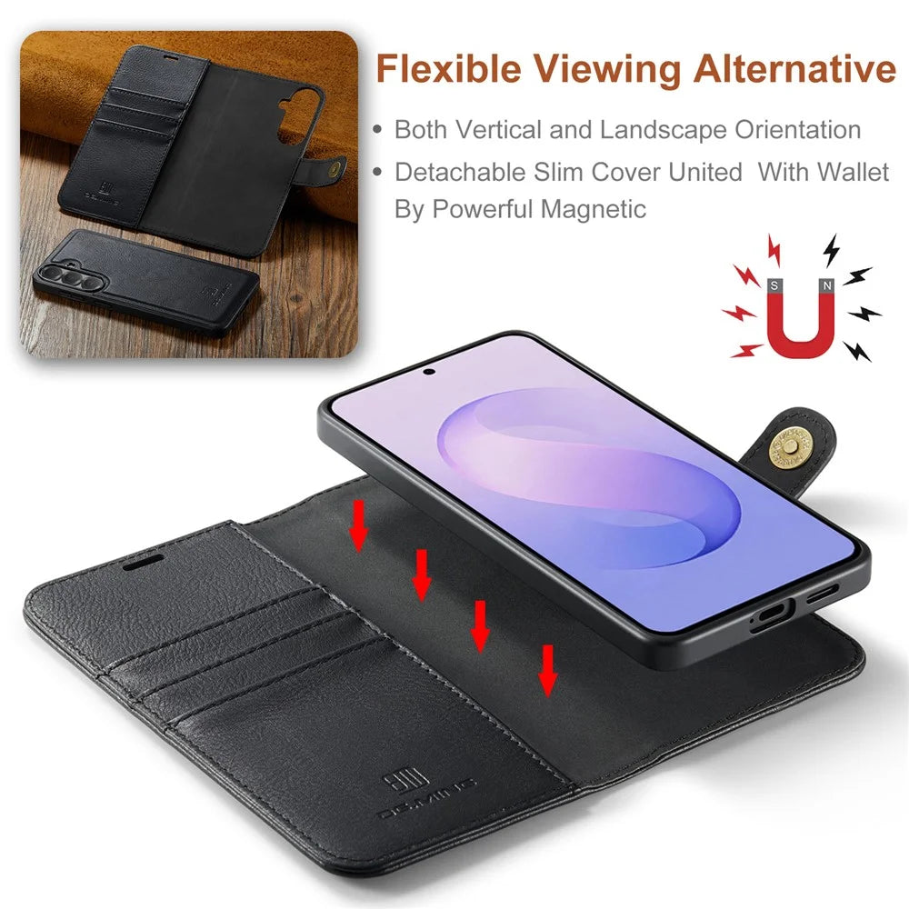 DG.MING for Samsung Galaxy S26 FE Leather Wallet Case Detachable 2 in 1 Split Leather Phone Cover - Black - 6