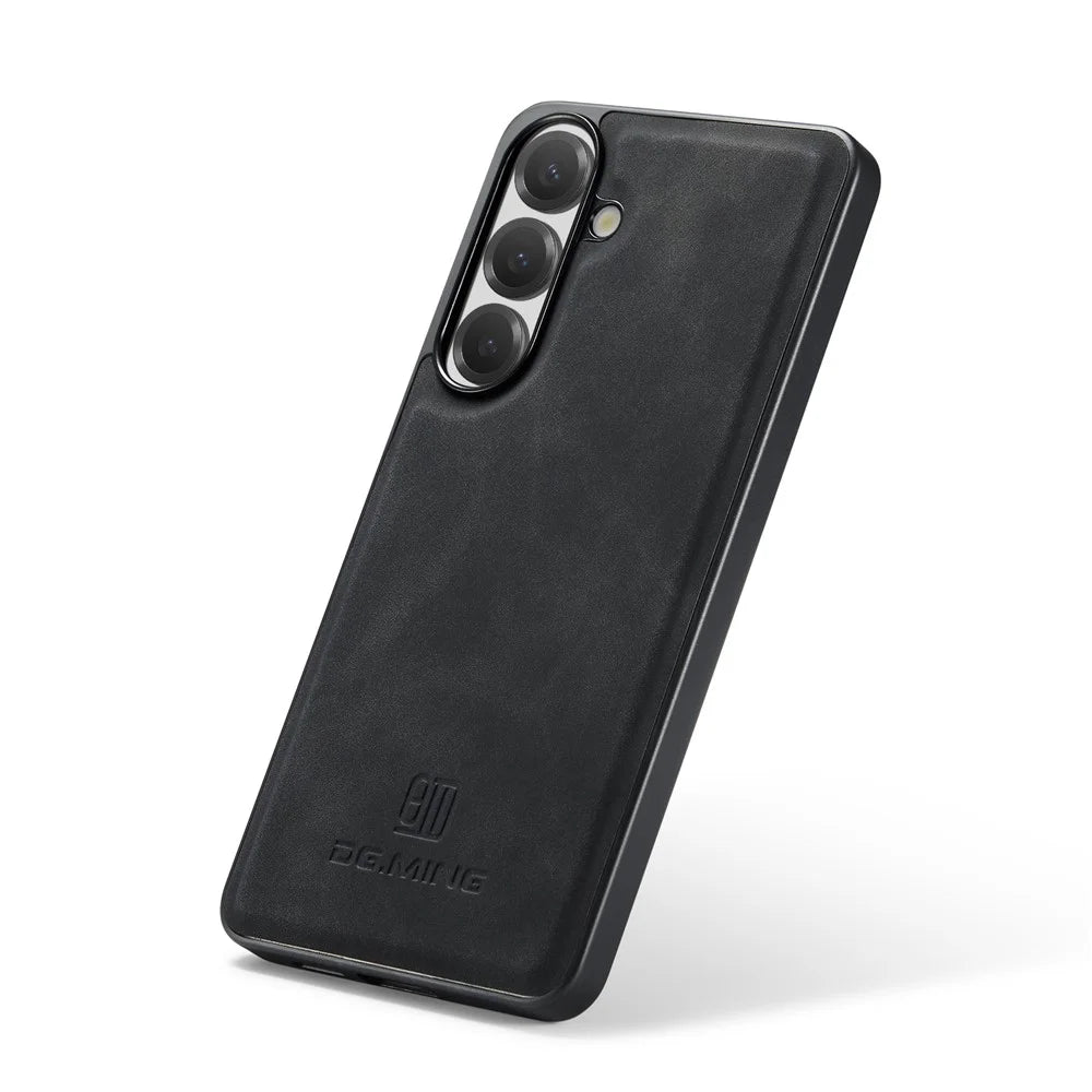 DG.MING For Samsung Galaxy S26 FE Case PU Leather Covered PC + TPU Hybrid Phone Shell - Black - 5