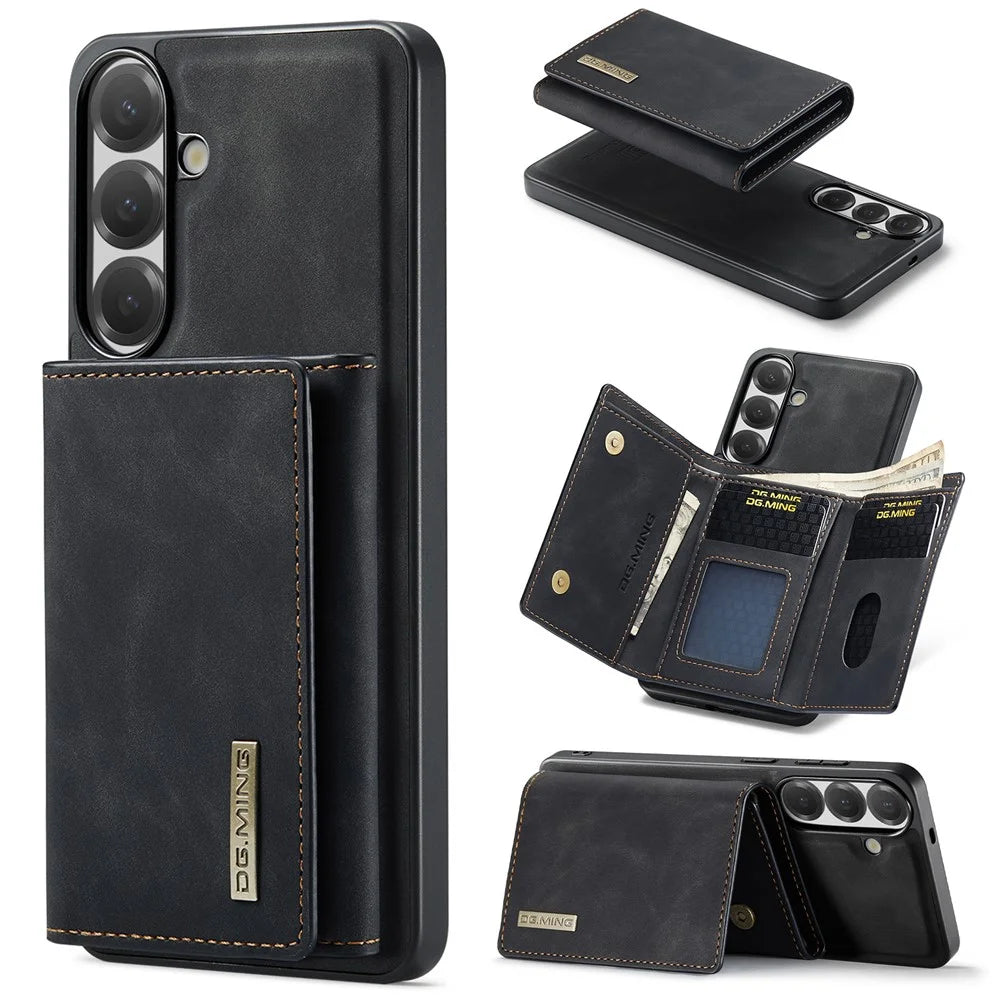 DG.MING M1 Series for Samsung Galaxy S26 FE Phone Case PU + TPU + PC Back Cover with Magnetic Tri-Fold Wallet Kickstand - Black - 1