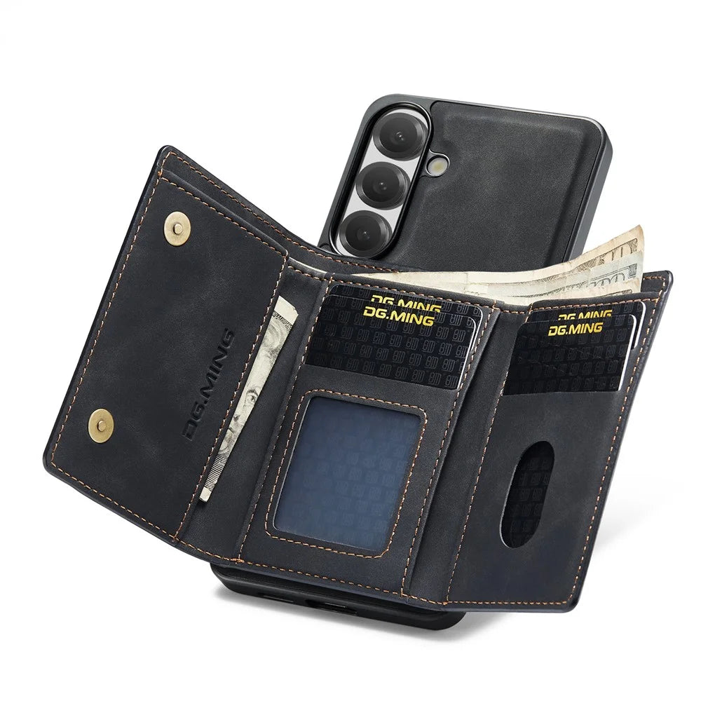 DG.MING M1 Series for Samsung Galaxy S26 FE Phone Case PU + TPU + PC Back Cover with Magnetic Tri-Fold Wallet Kickstand - Black - 2