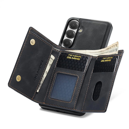 DG.MING M1 Series for Samsung Galaxy S26 FE Phone Case PU + TPU + PC Back Cover with Magnetic Tri-Fold Wallet Kickstand - Black - 2