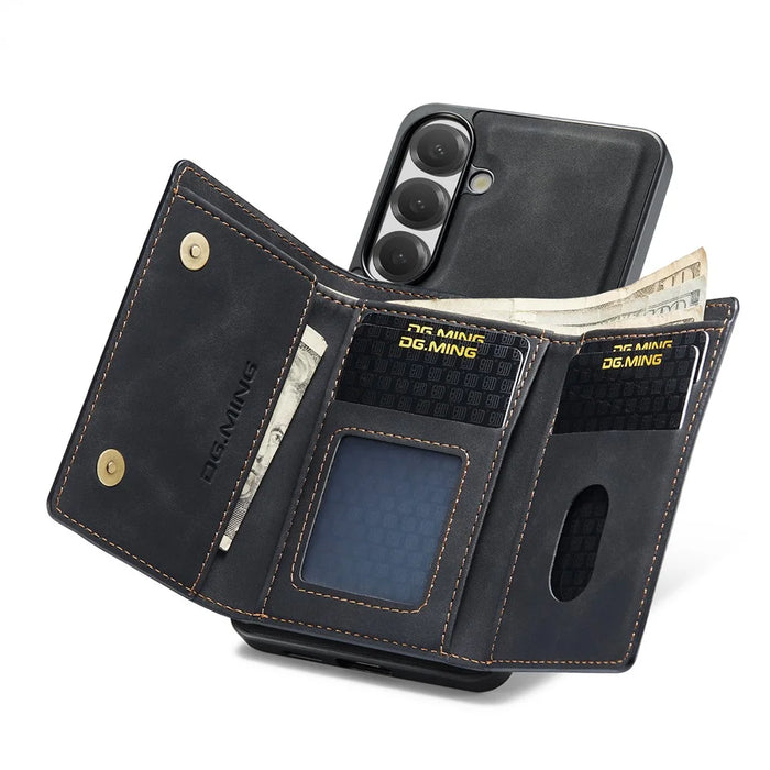 DG.MING M1 Series for Samsung Galaxy S26 FE Phone Case PU + TPU + PC Back Cover with Magnetic Tri-Fold Wallet Kickstand - Black - 2
