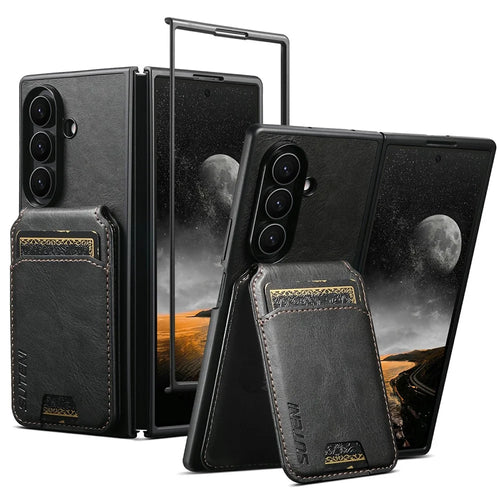SUTENI H02 For Samsung Galaxy Z Fold8 Ultra Case Waxy Texture Leather + PC Card Slots Kickstand Phone Cover - Black - 1