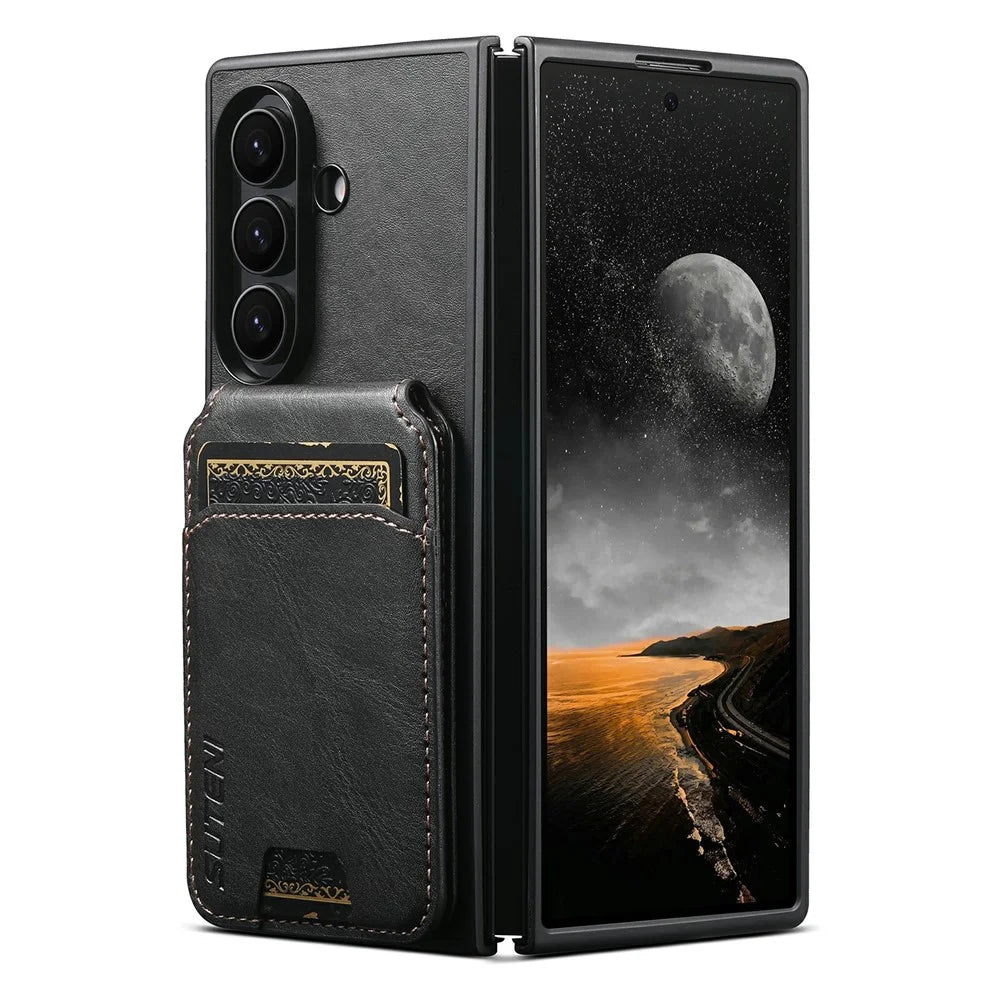 SUTENI H02 For Samsung Galaxy Z Fold8 Ultra Case Waxy Texture Leather + PC Card Slots Kickstand Phone Cover - Black - 2
