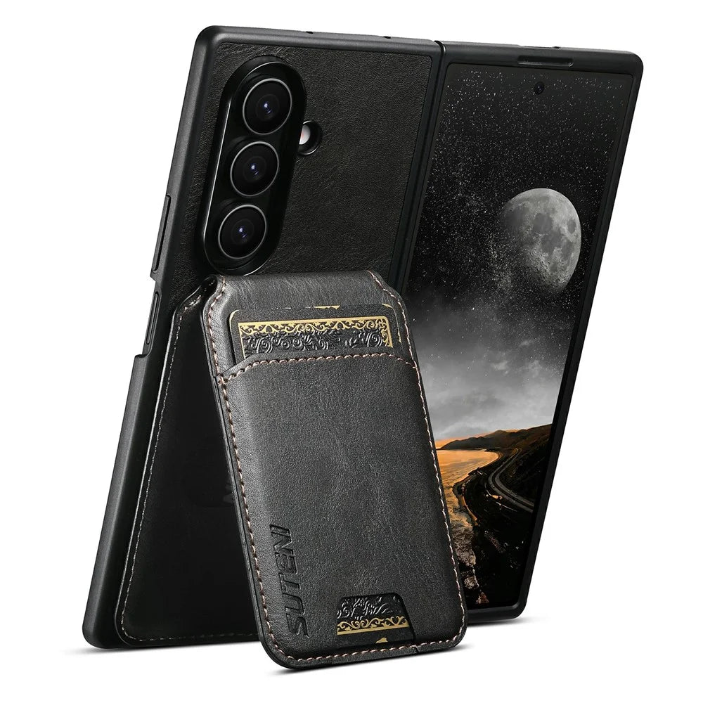 SUTENI H02 For Samsung Galaxy Z Fold8 Ultra Case Waxy Texture Leather + PC Card Slots Kickstand Phone Cover - Black - 3