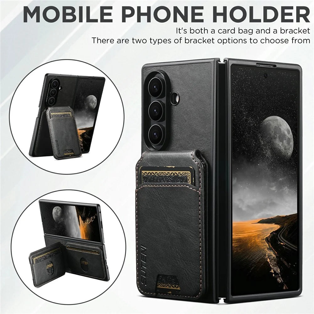 SUTENI H02 For Samsung Galaxy Z Fold8 Ultra Case Waxy Texture Leather + PC Card Slots Kickstand Phone Cover - Black - 6