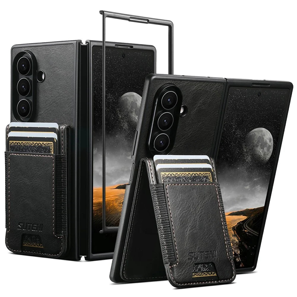 SUTENI H03 for Samsung Galaxy Z Fold8 Ultra Case PU Leather PC Protective Phone Cover with Card Slots Kickstand - Black - 1