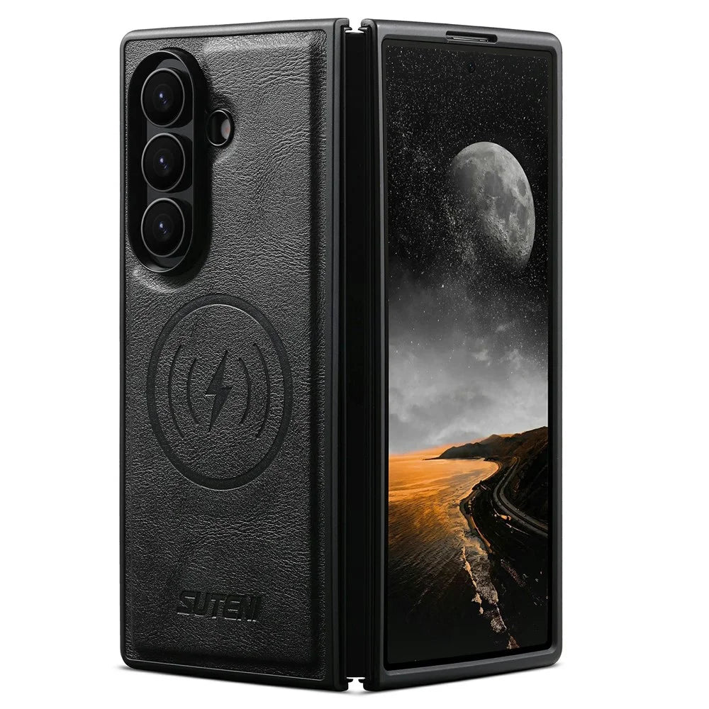 SUTENI G5 for Samsung Galaxy Z Fold8 Ultra Magnetic Case Cowhide Texture Leather + PC Phone Cover - Black - 1
