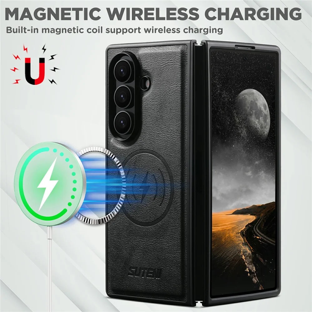 SUTENI G5 for Samsung Galaxy Z Fold8 Ultra Magnetic Case Cowhide Texture Leather + PC Phone Cover - Black - 5