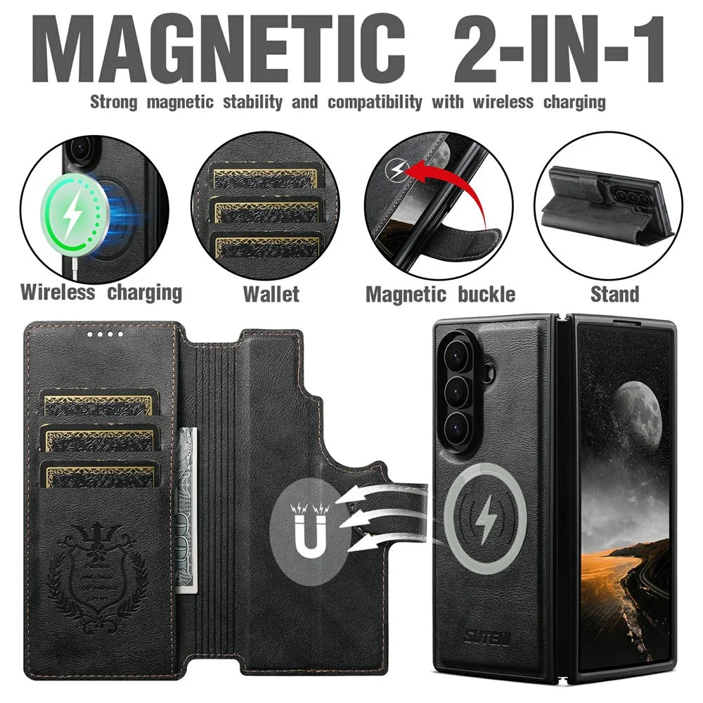 SUTENI Q-05 for Samsung Galaxy Z Fold8 Ultra Case 2 in 1 Magnetic Detachable Leather + PC Wallet Phone Cover - Black - 6