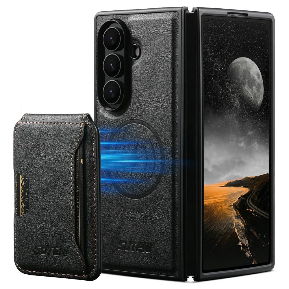 SUTENI M3 for Samsung Galaxy Z Fold8 Ultra Magnetic Case Cowhide Texture Leather + PC Phone Cover with Card Bag - Black - 1