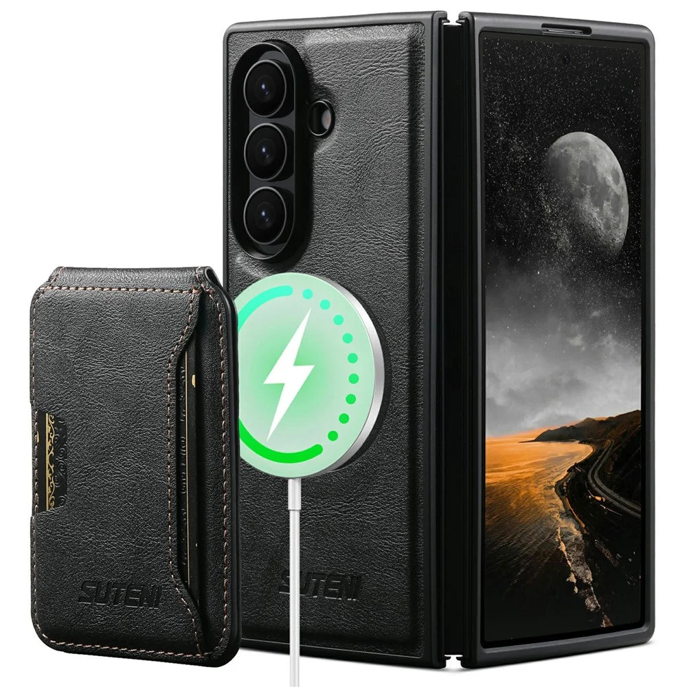 SUTENI M3 for Samsung Galaxy Z Fold8 Ultra Magnetic Case Cowhide Texture Leather + PC Phone Cover with Card Bag - Black - 2