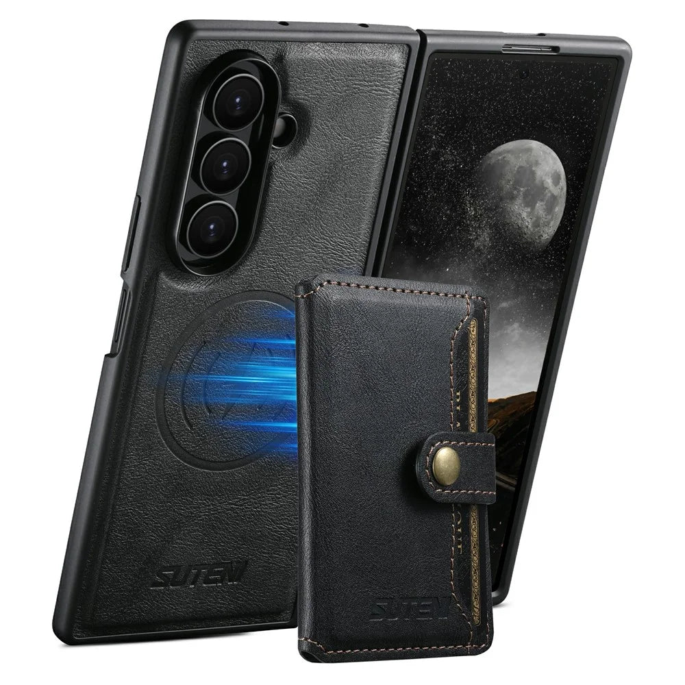 SUTENI M4 for Samsung Galaxy Z Fold8 Ultra Magnetic Case with Card Holder Cowhide Texture Leather + PC Back Cover - Black - 1