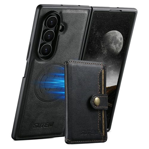 SUTENI M4 for Samsung Galaxy Z Fold8 Ultra Magnetic Case with Card Holder Cowhide Texture Leather + PC Back Cover - Black - 1