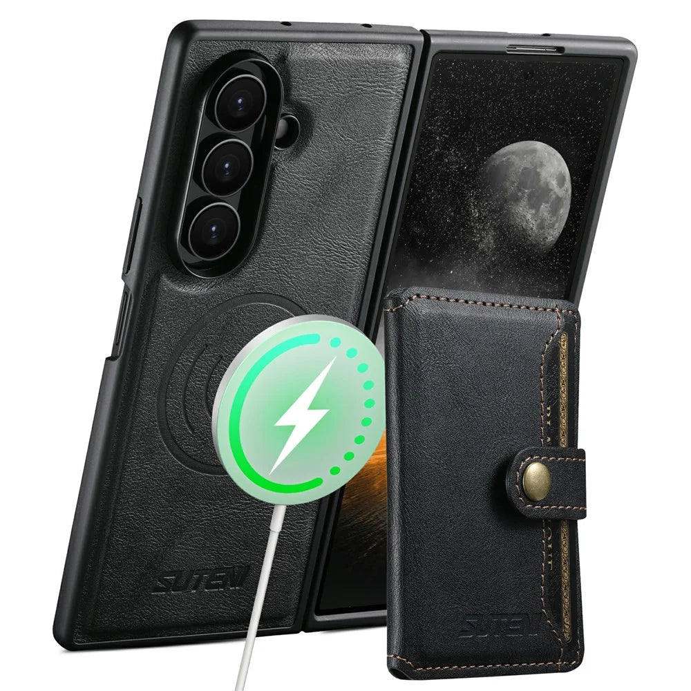 SUTENI M4 for Samsung Galaxy Z Fold8 Ultra Magnetic Case with Card Holder Cowhide Texture Leather + PC Back Cover - Black - 2