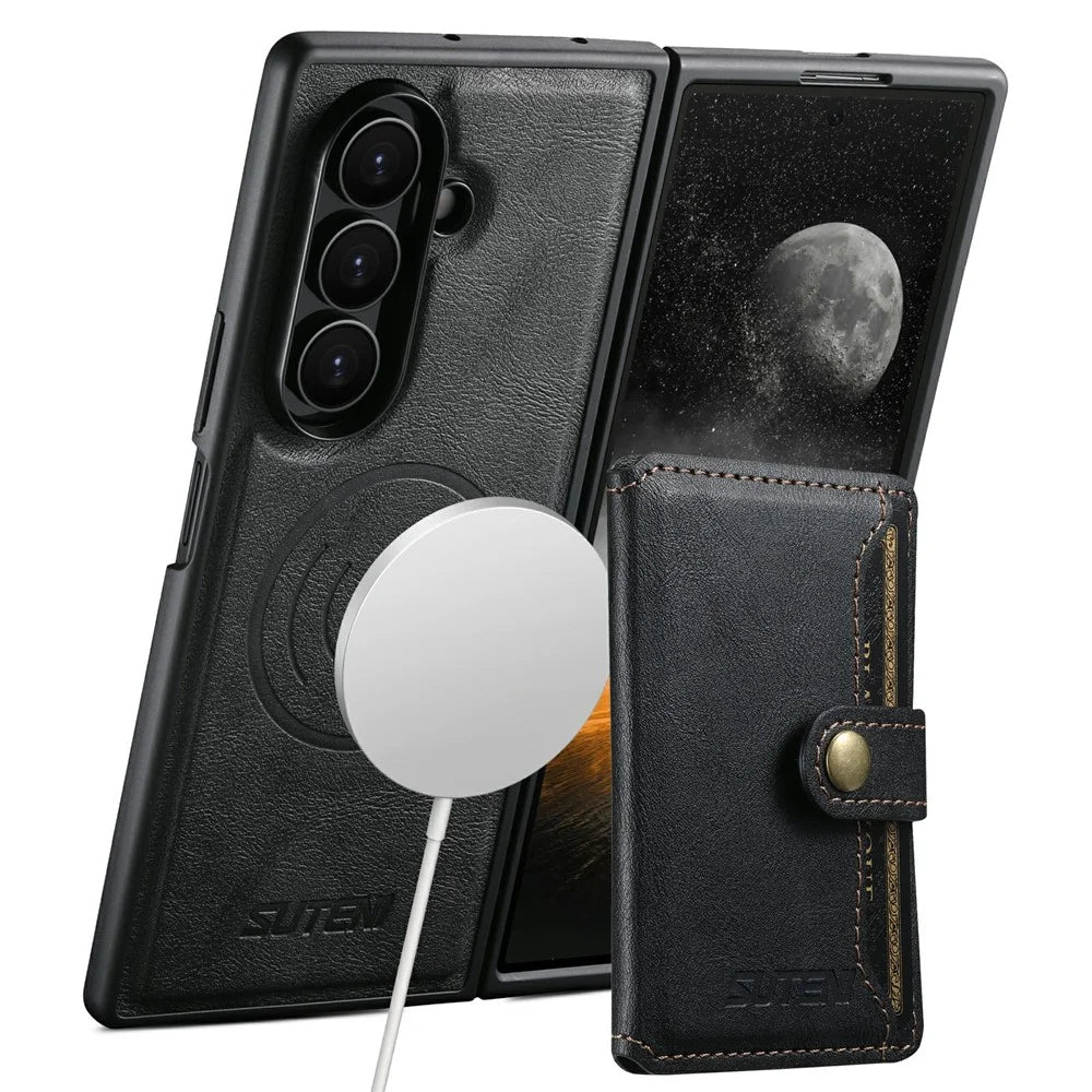 SUTENI M4 for Samsung Galaxy Z Fold8 Ultra Magnetic Case with Card Holder Cowhide Texture Leather + PC Back Cover - Black - 3