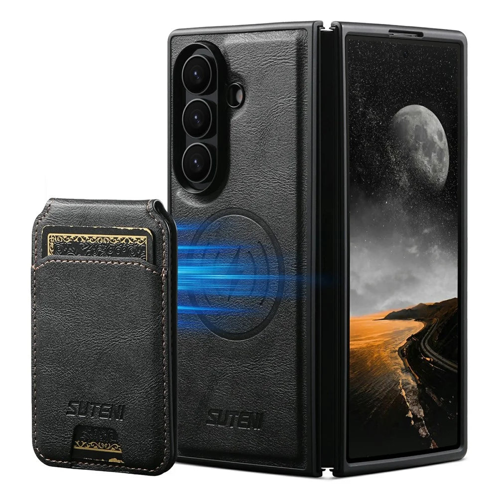 SUTENI M5 for Samsung Galaxy Z Fold8 Ultra Magnetic Case with Card Bag Cowhide Texture Leather + PC Phone Cover - Black - 1