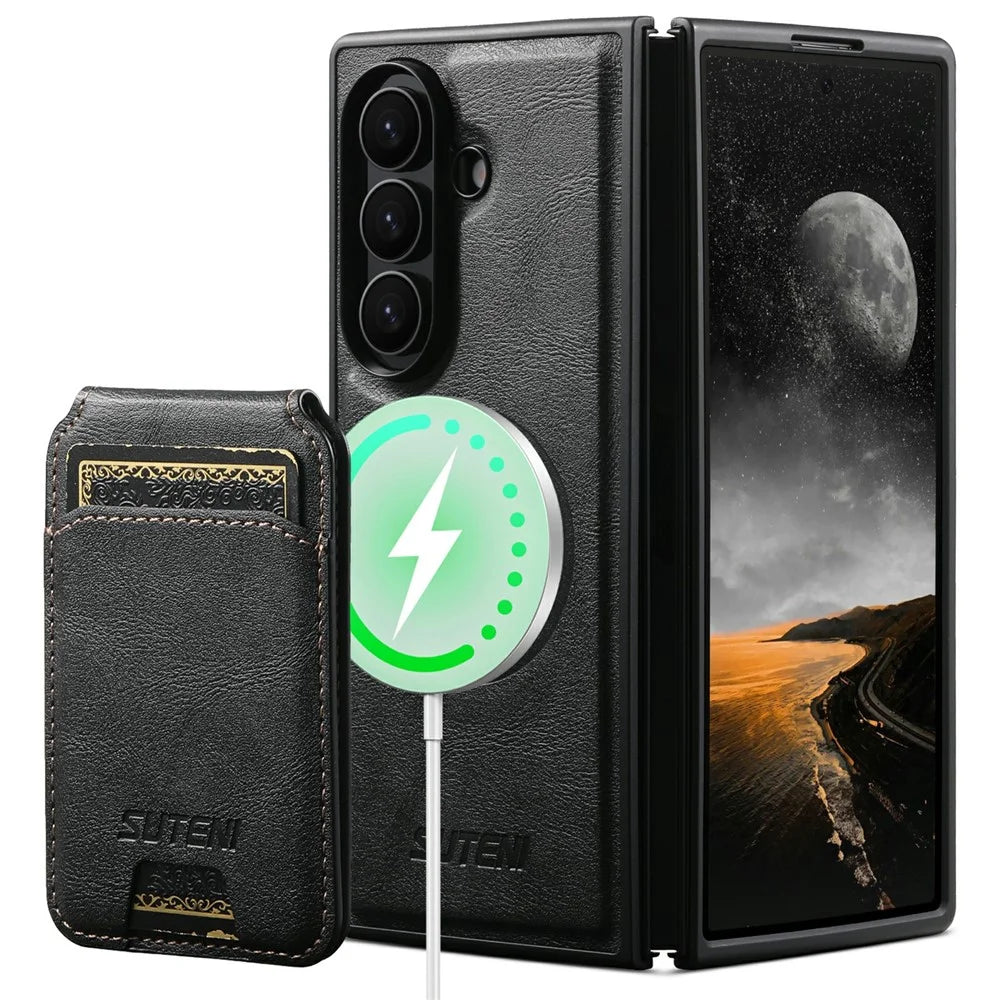 SUTENI M5 for Samsung Galaxy Z Fold8 Ultra Magnetic Case with Card Bag Cowhide Texture Leather + PC Phone Cover - Black - 2