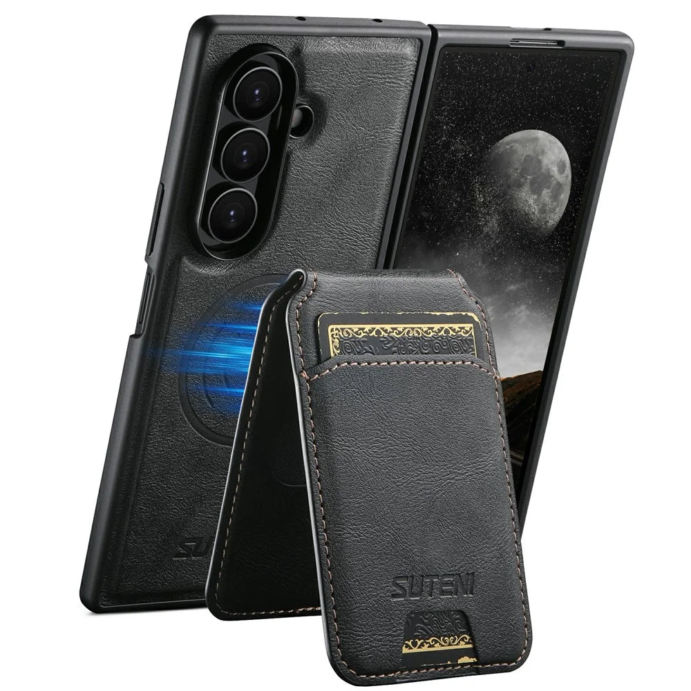 SUTENI M5 for Samsung Galaxy Z Fold8 Ultra Magnetic Case with Card Bag Cowhide Texture Leather + PC Phone Cover - Black - 3