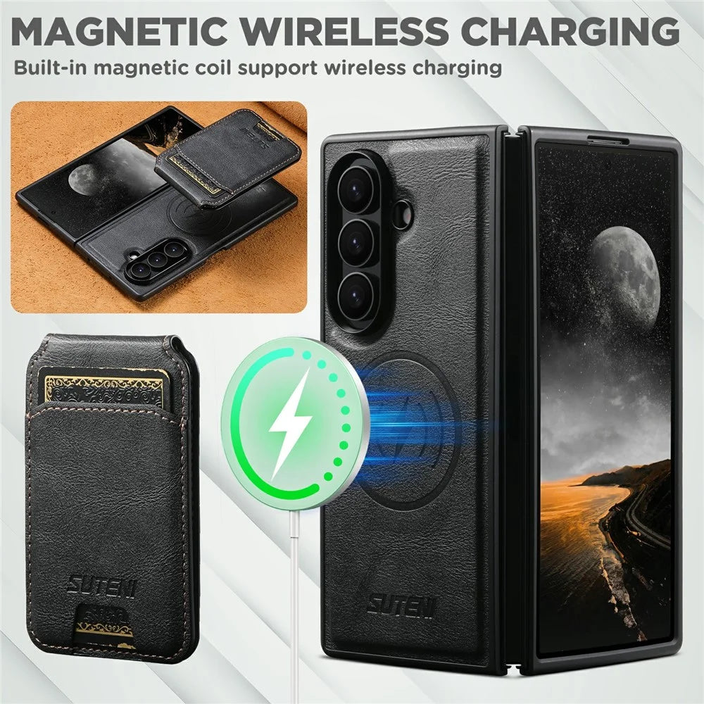 SUTENI M5 for Samsung Galaxy Z Fold8 Ultra Magnetic Case with Card Bag Cowhide Texture Leather + PC Phone Cover - Black - 5