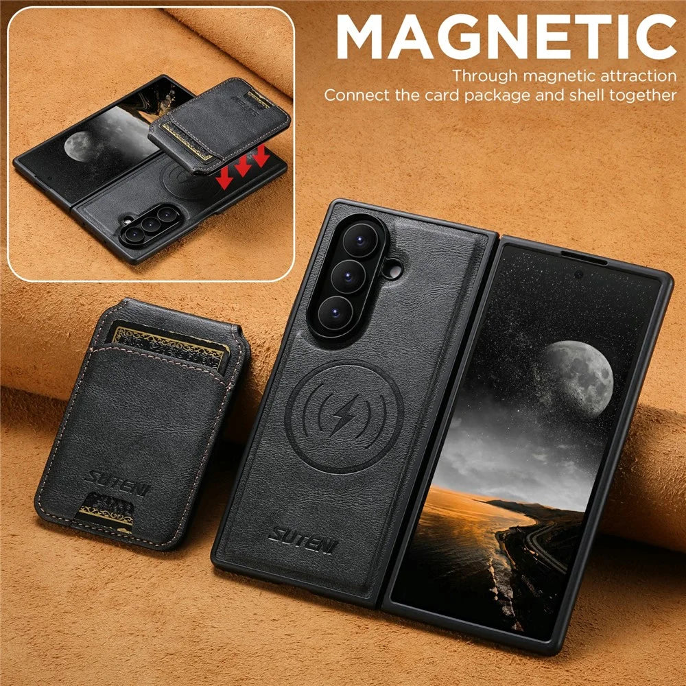 SUTENI M5 for Samsung Galaxy Z Fold8 Ultra Magnetic Case with Card Bag Cowhide Texture Leather + PC Phone Cover - Black - 6