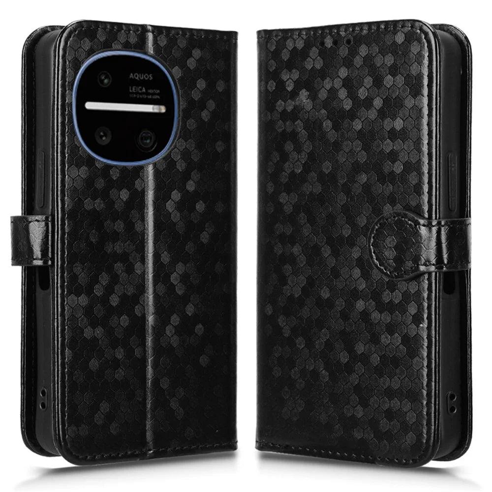 For Sharp Aquos R11 Wallet Case Dot Pattern Imprint PU Leather Phone Cover with Wrist Strap - Black - 1