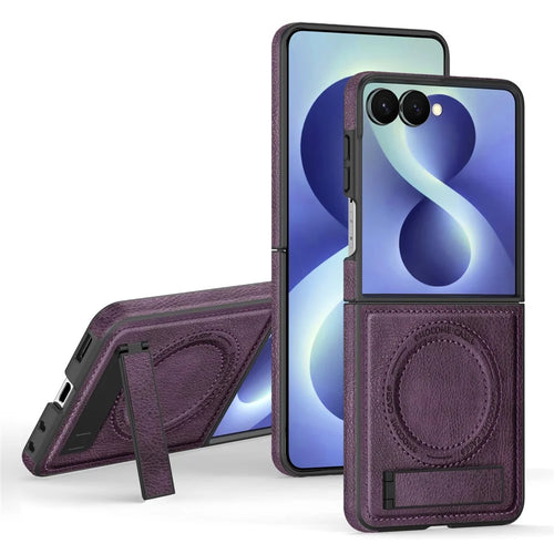 For Samsung Galaxy Z Flip8 Magnetic Case Kickstand PC Silicone Leather Phone Back Cover - Dark Purple - 1