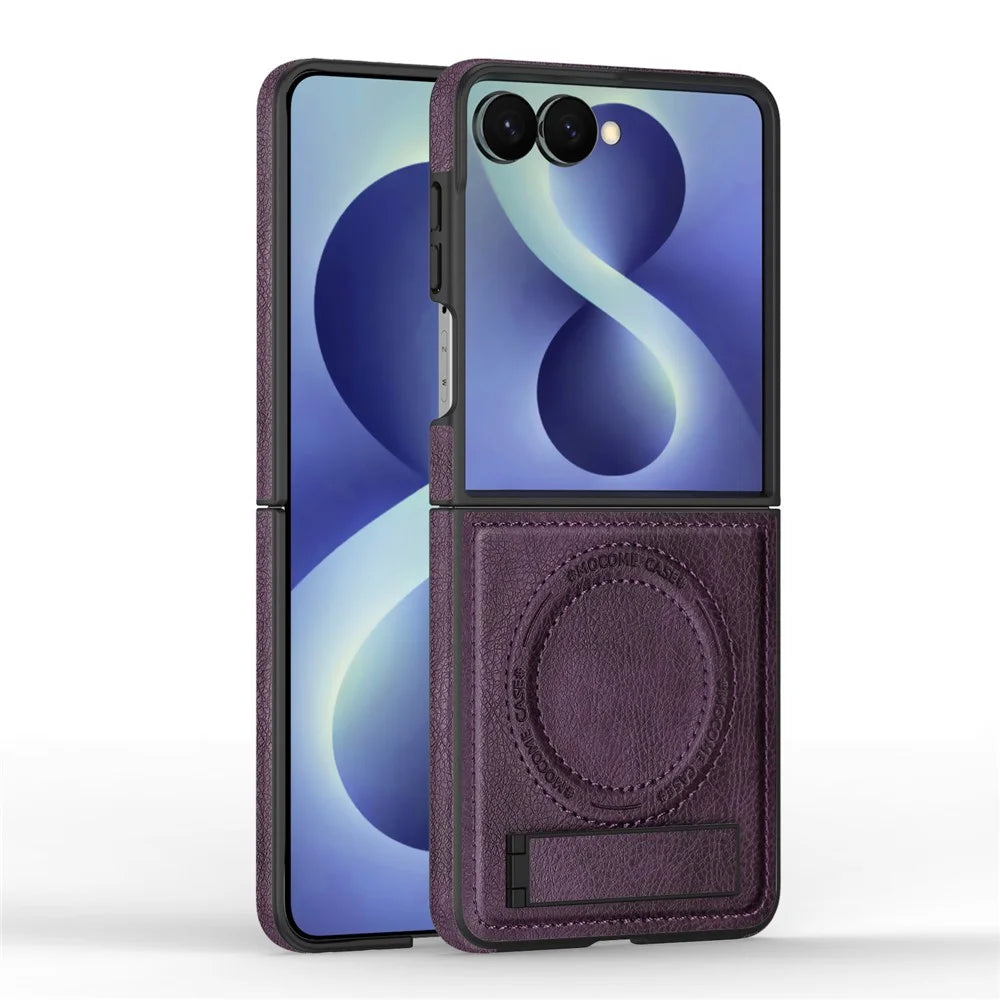 For Samsung Galaxy Z Flip8 Magnetic Case Kickstand PC Silicone Leather Phone Back Cover - Dark Purple - 2