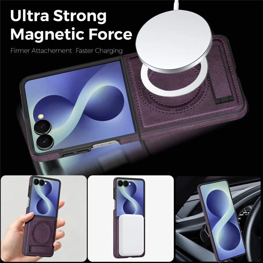 For Samsung Galaxy Z Flip8 Magnetic Case Kickstand PC Silicone Leather Phone Back Cover - Dark Purple - 3