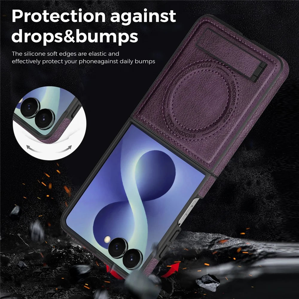 For Samsung Galaxy Z Flip8 Magnetic Case Kickstand PC Silicone Leather Phone Back Cover - Dark Purple - 5