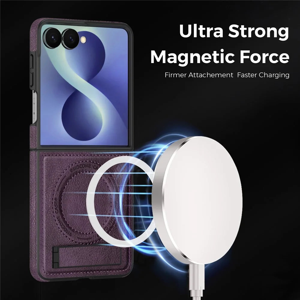 For Samsung Galaxy Z Flip8 Magnetic Case Kickstand PC Silicone Leather Phone Back Cover - Dark Purple - 6