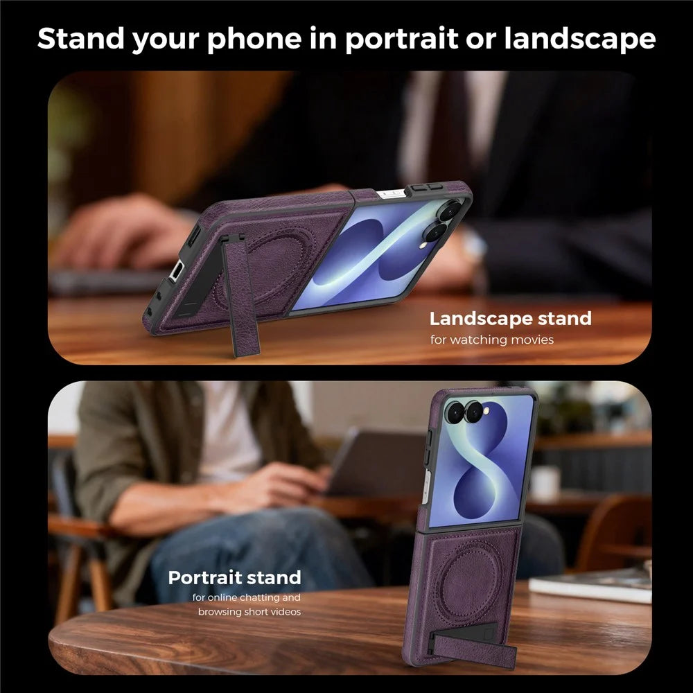 For Samsung Galaxy Z Flip8 Magnetic Case Kickstand PC Silicone Leather Phone Back Cover - Dark Purple - 7
