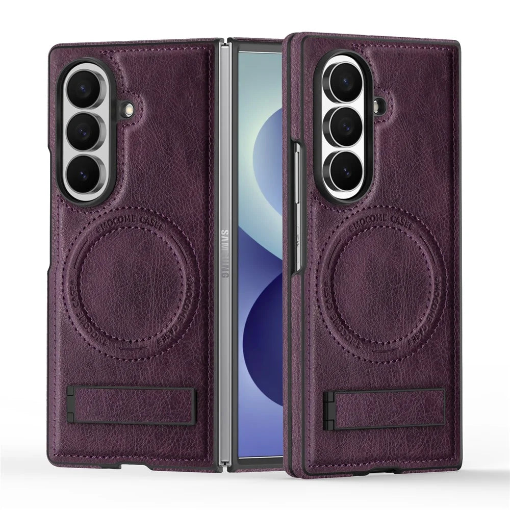 For Samsung Galaxy Z Fold8 Ultra Magnetic Case Kickstand PC Silicone Leather Phone Back Cover - Dark Purple - 1