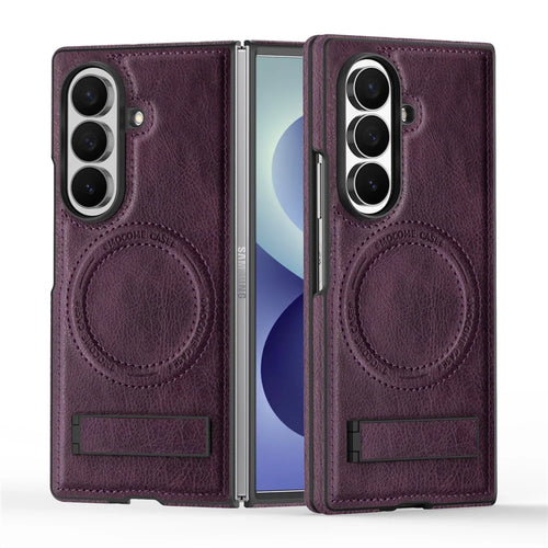 For Samsung Galaxy Z Fold8 Ultra Magnetic Case Kickstand PC Silicone Leather Phone Back Cover - Dark Purple - 1
