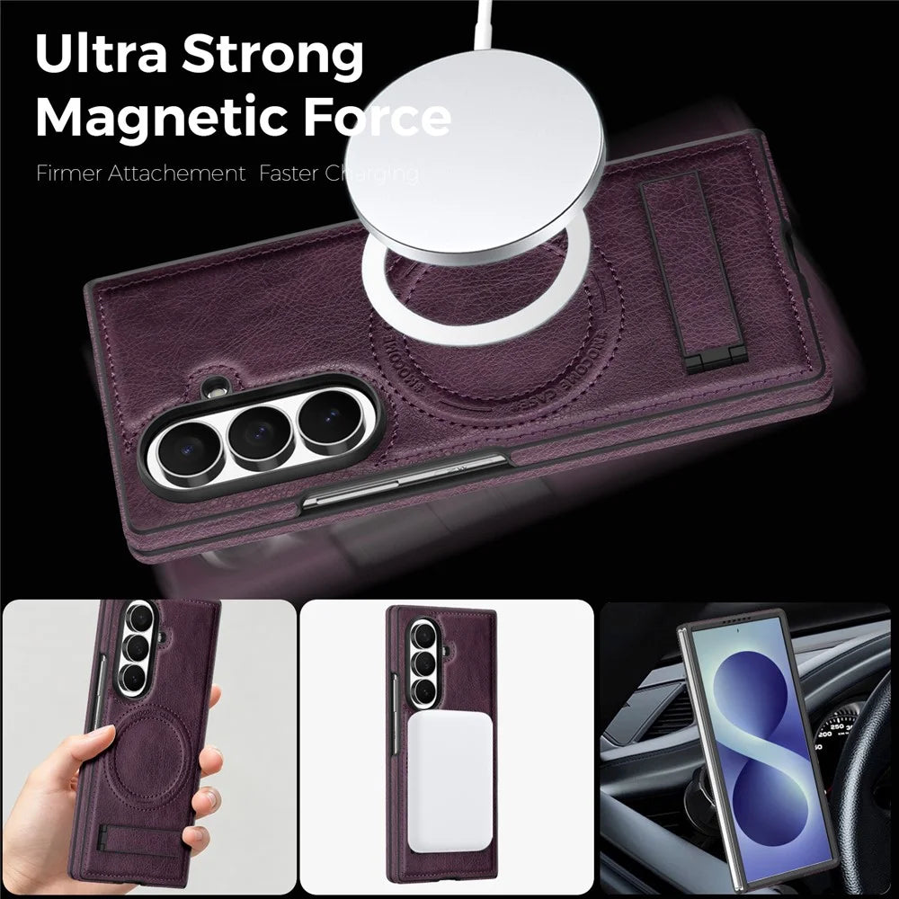 For Samsung Galaxy Z Fold8 Ultra Magnetic Case Kickstand PC Silicone Leather Phone Back Cover - Dark Purple - 3